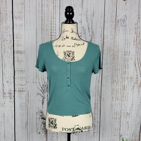 American Eagle Teal Small Button Front Ribbed Scoop Neck Baby Tee Shirt Blouse - Picture 1 of 7
